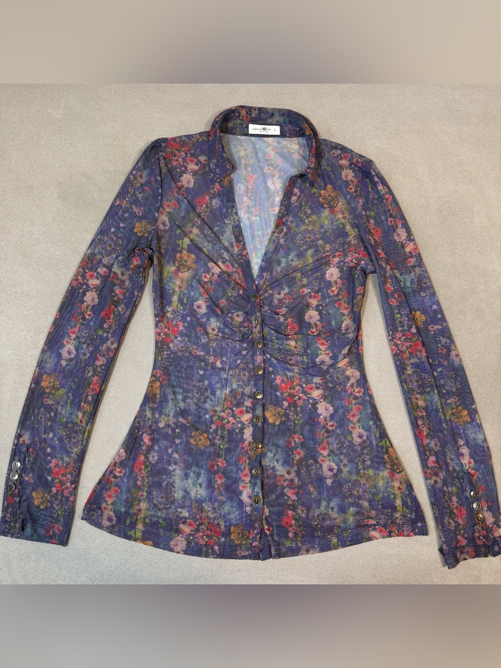 Natural Life Women’s Carina Mesh Top Sheer Floral Long Sleeve Size Large EUC